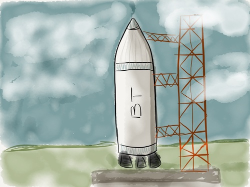 Drawing of a Banyan Theory-branded rocket on a launch pad