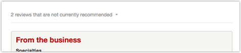 Yelp screenshot showing reviews that are not yet recommended