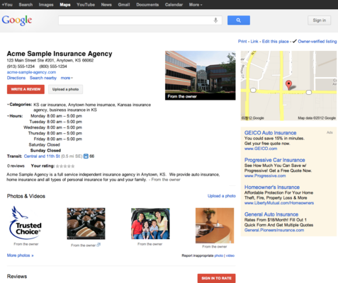 Screenshot of Google Place page