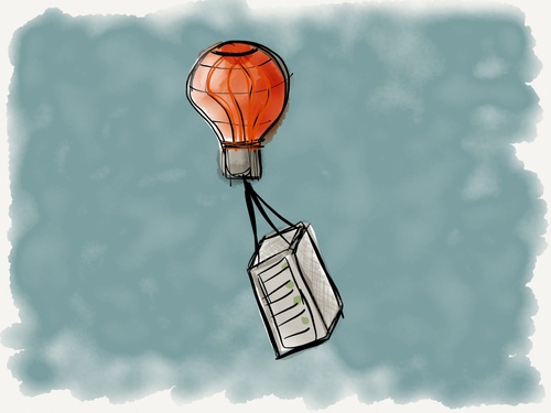 Drawing of server rack suspended from a balloon