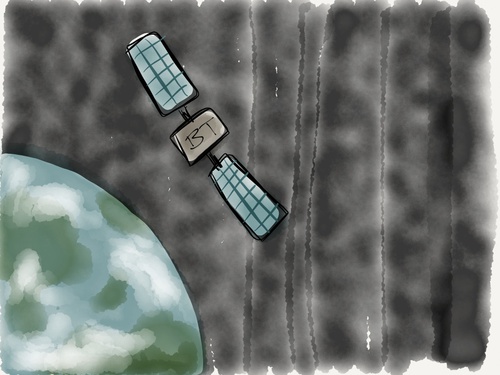 Drawing of a Banyan Theory-branded satellite orbiting the earth