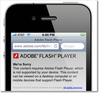 Screenshot of Flash Player install page shown on an iPhone