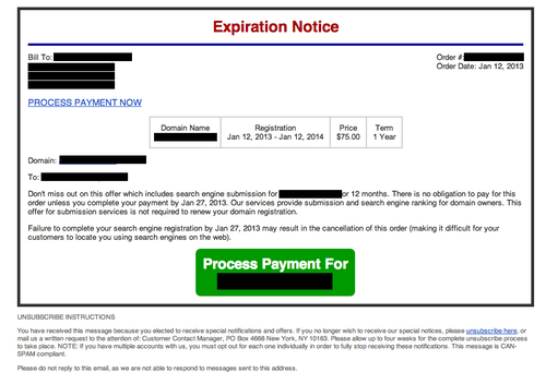 Screenshot of a domain scam email