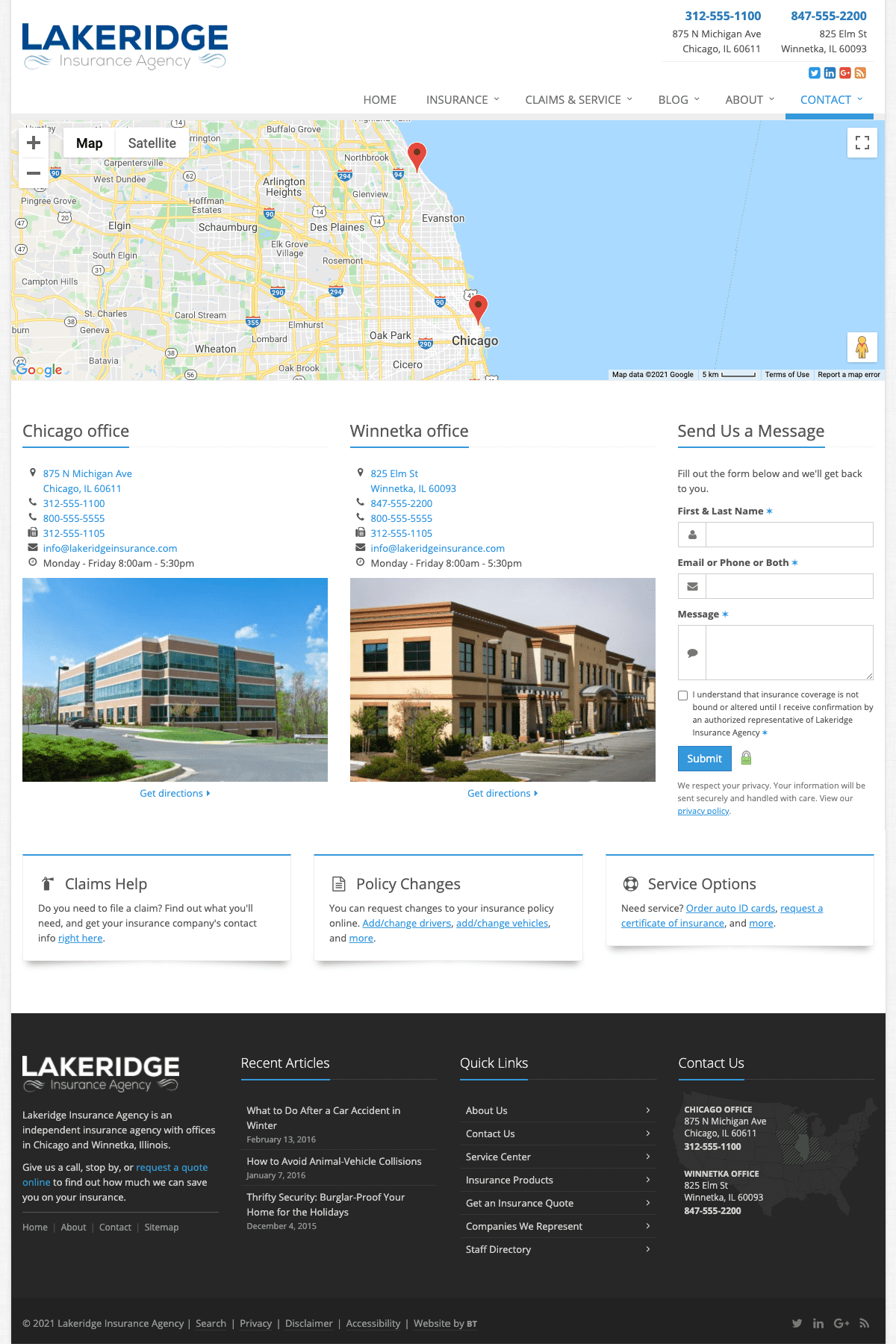 Screenshot showing multiple offices on the Contact Us page of lakeridgeinsurance.com